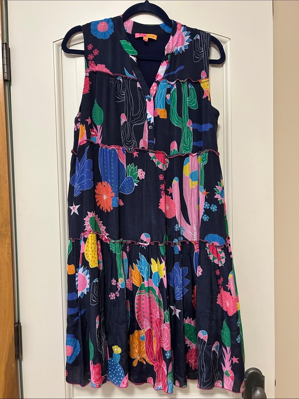 Vilagallo Navy Sleeveless Dress with Bright Floral & Cactus Print